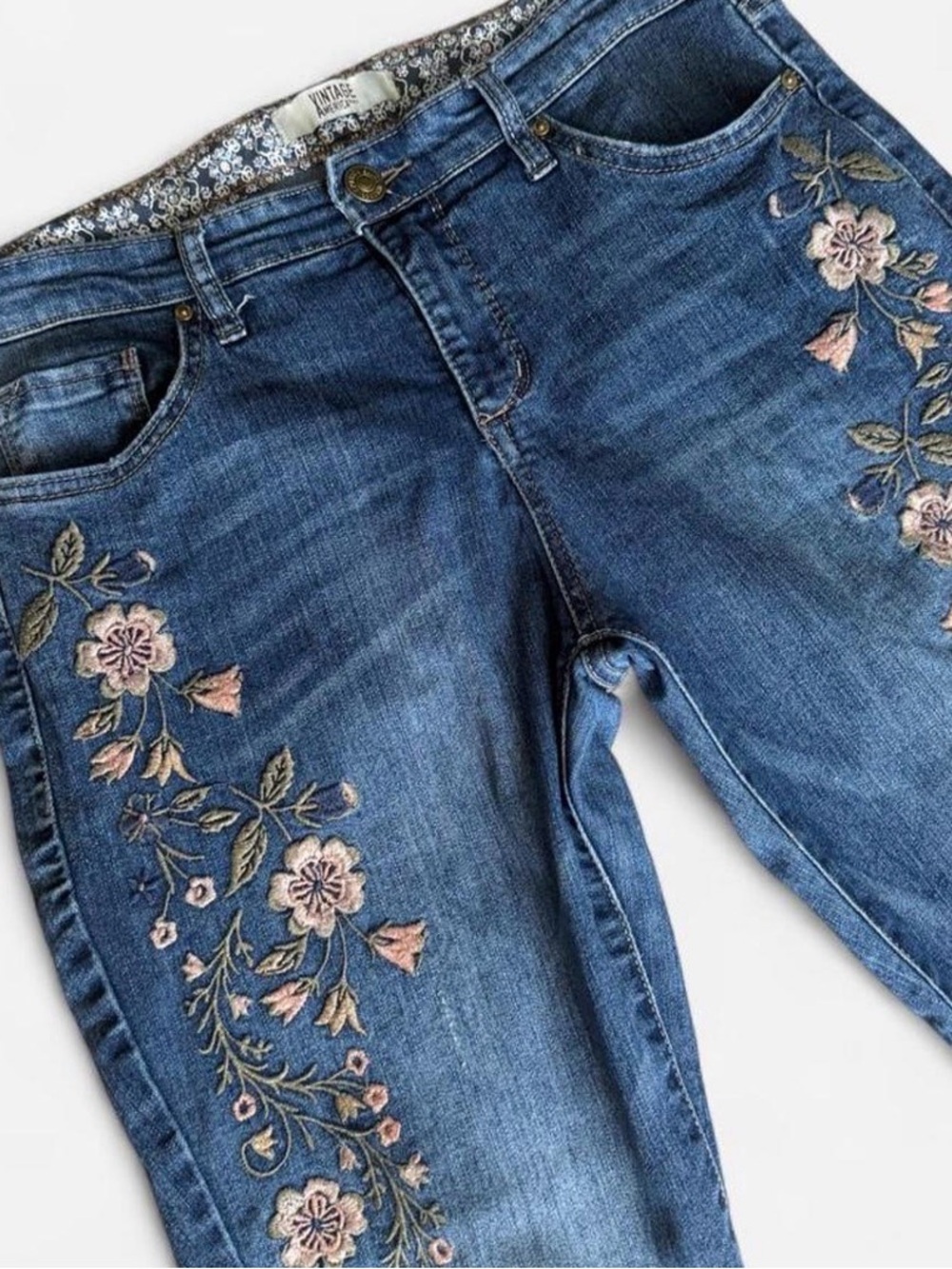 Womens Embroidered Skinny Jeans Size 4 Flowers Blue Boho High Rise Vintage